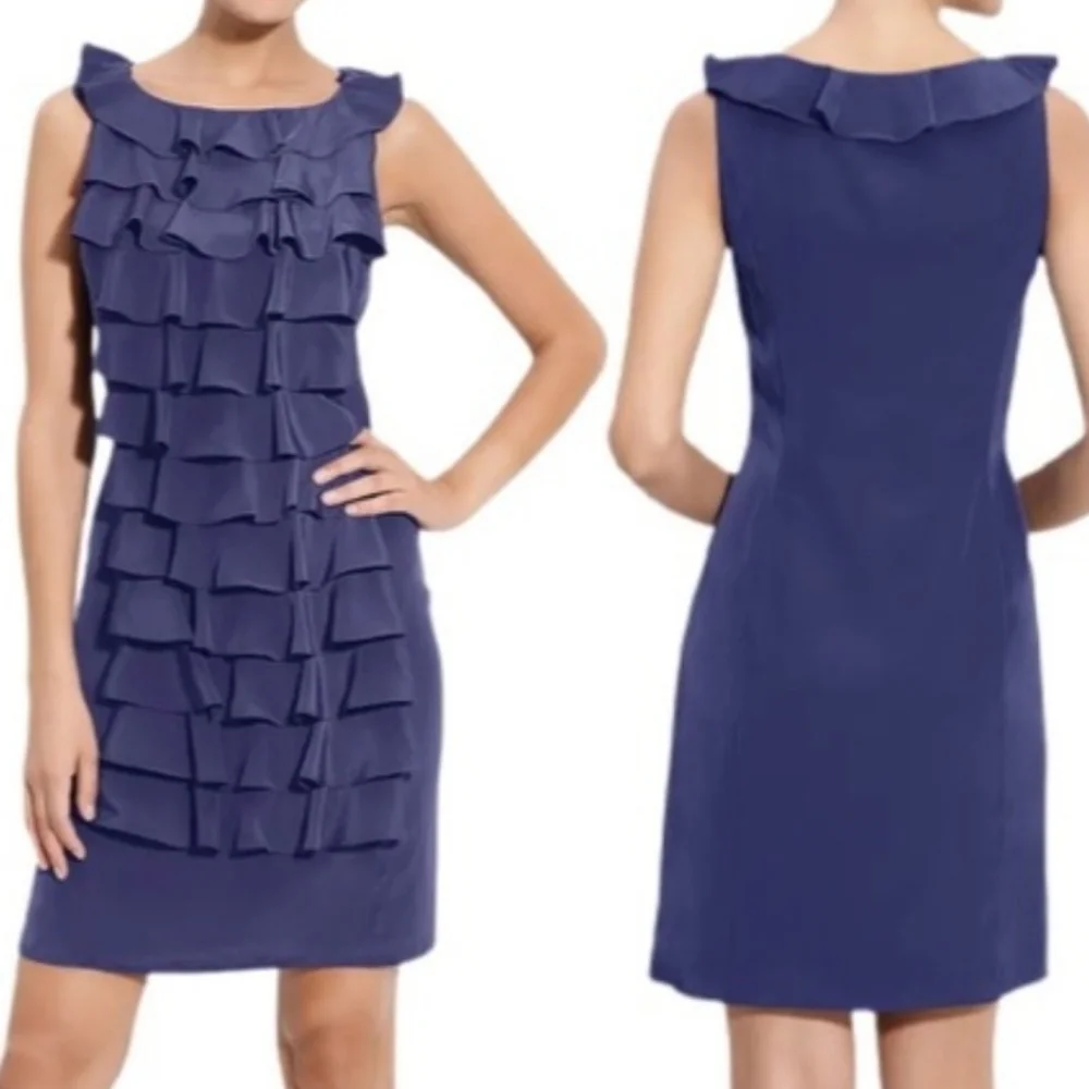 Adrianna Papell Women Ruffle Sleeveless Dress‎ Navy Blue Sz10